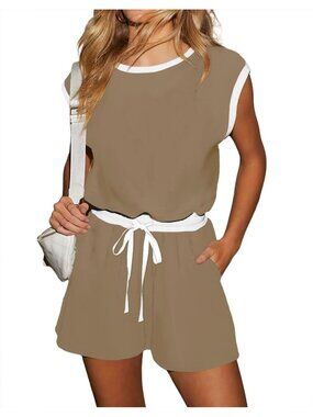 Women's Khaki Summer Crewneck Cap Sleeve Short One Piece Jumpsuits Rompers